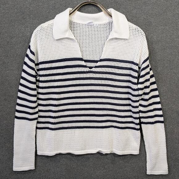 GAP Open Knit Top Womens Medium Relaxed Stripe Crochet Collared Sweater Prep - Picture 1 of 12